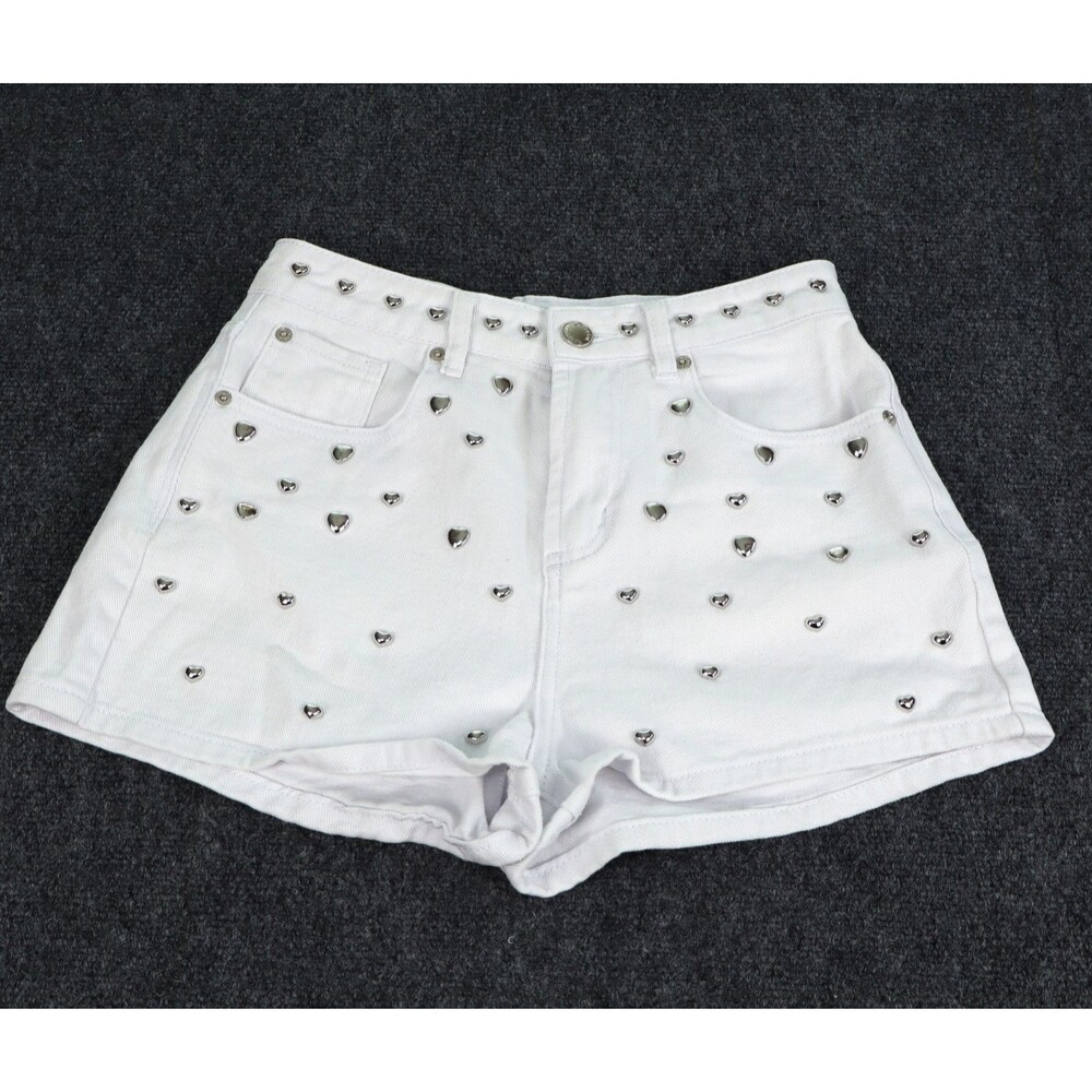 Nasty Gal Women's White Denim Shorts Sz 4 Heart Studded High Rise 5-Pockets